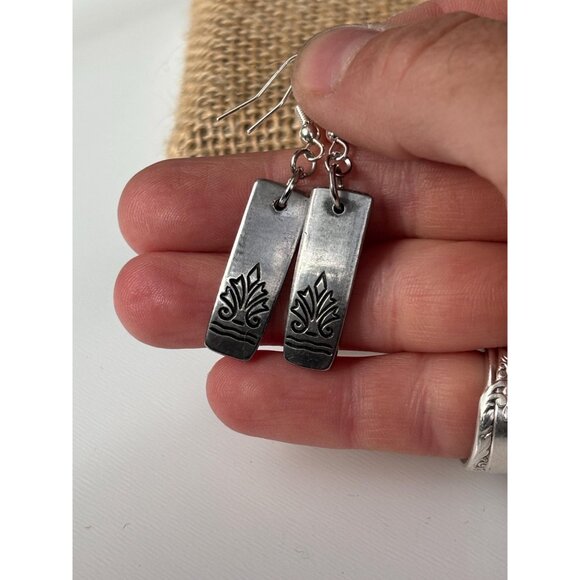 Handmade Upcycled Silverware Earrings: Geometric Stainless Steel Drop Earrings - Picture 3 of 6